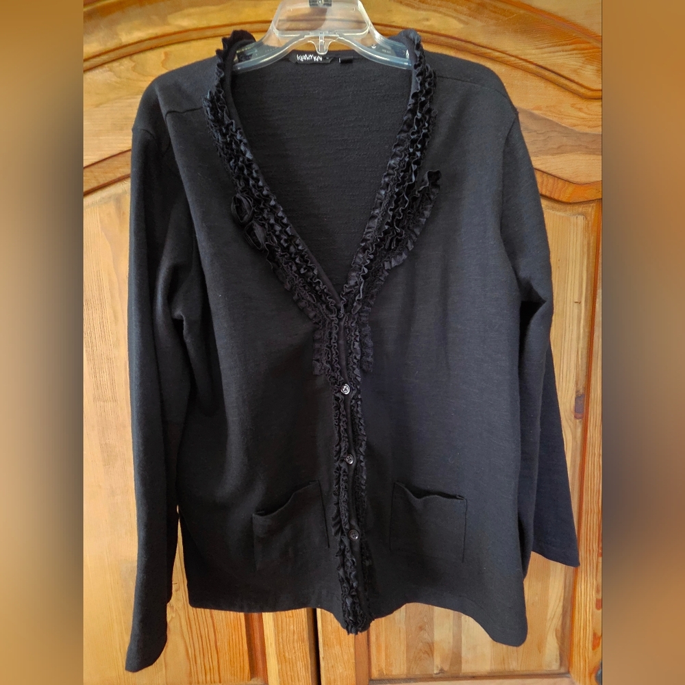 Women's Black Cotton Jacket XL Ruffled Edge Rosette Boho Krazy Kat Vtg